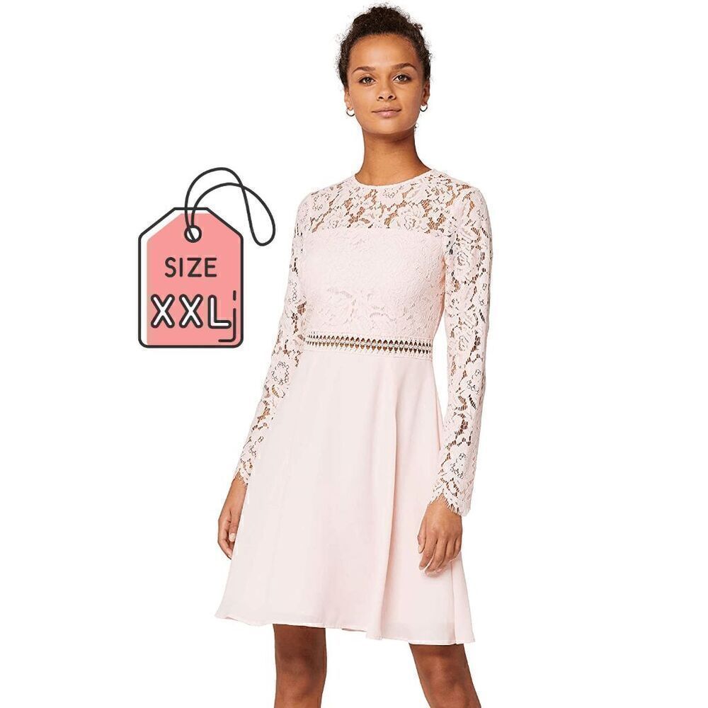 Pink Blush Lace Cocktail A-Line Long Sleeve Elegant Romantic Classy Dress XXL NW